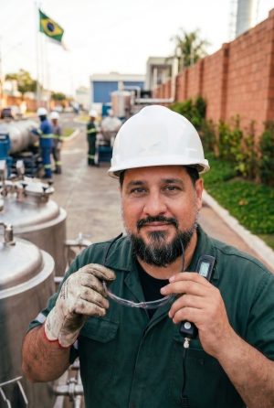 Eng. Tiago Rotger em campo, de capacete, com tanques industriais ao fundo